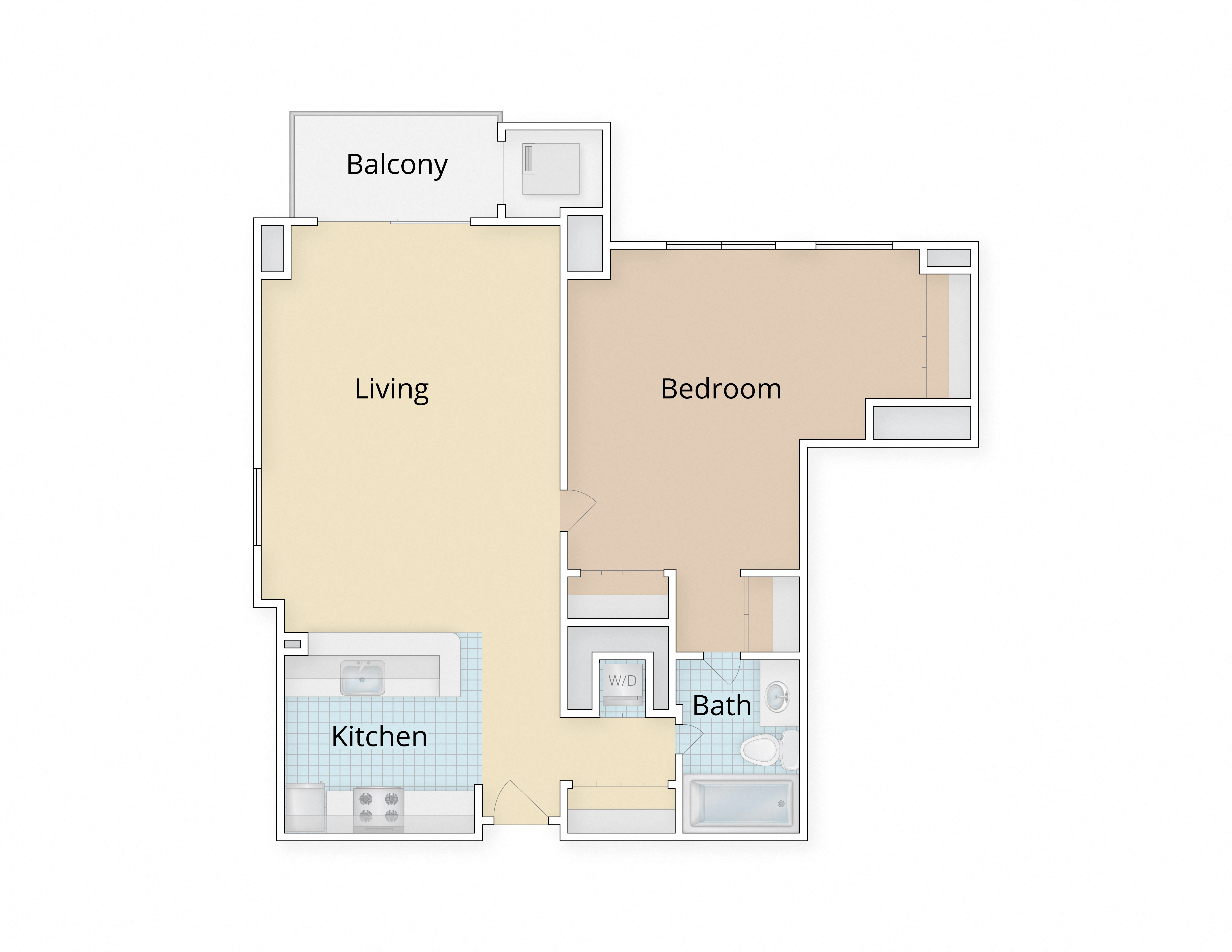 Floor plan for 1 bed, 1 bath, 876 sqft